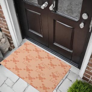 Peach Fuzz Love Hearts Bilingual Text "Amor""Love" Doormat