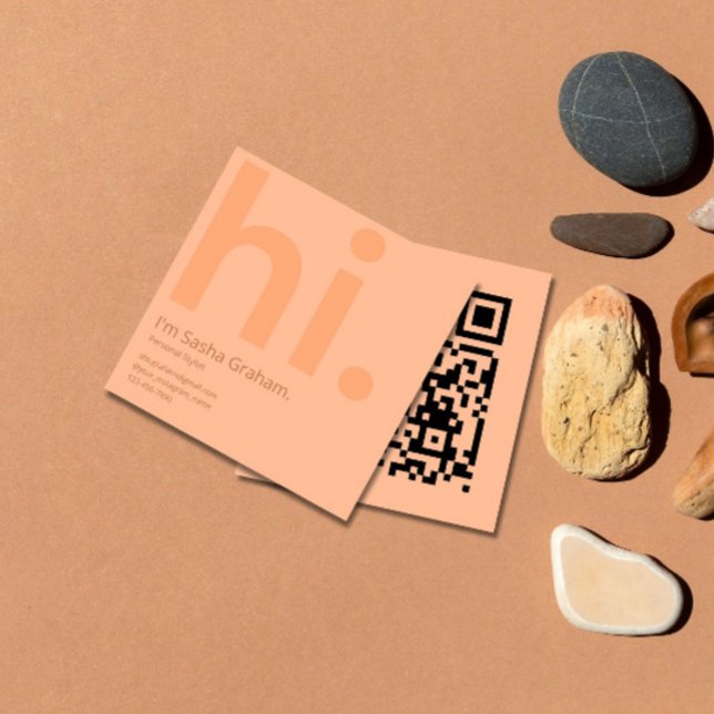 Peach Fuzz Pink Retro Hi QR Code Square Business Card (Creator Uploaded)