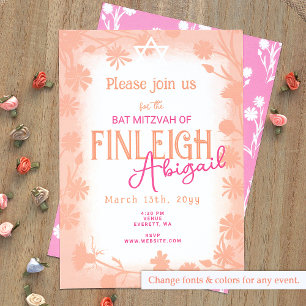 Peach Fuzz, Pink Wild Flowers Bat Mitzvah Invitation