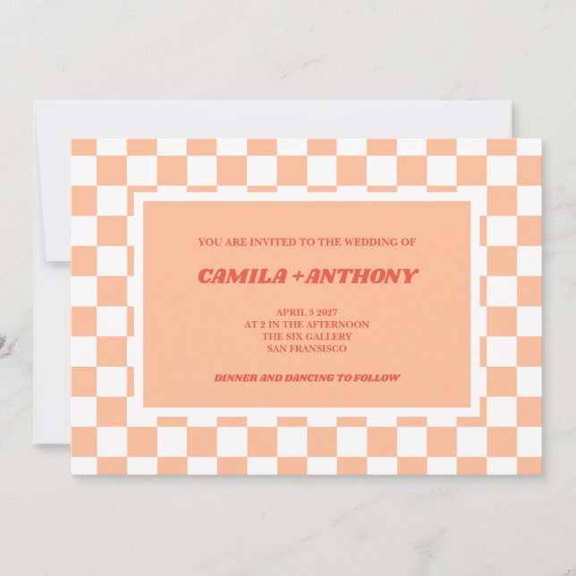 Peach Fuzz Red Chequered Gingham Pattern Wedding Invitation (Front)
