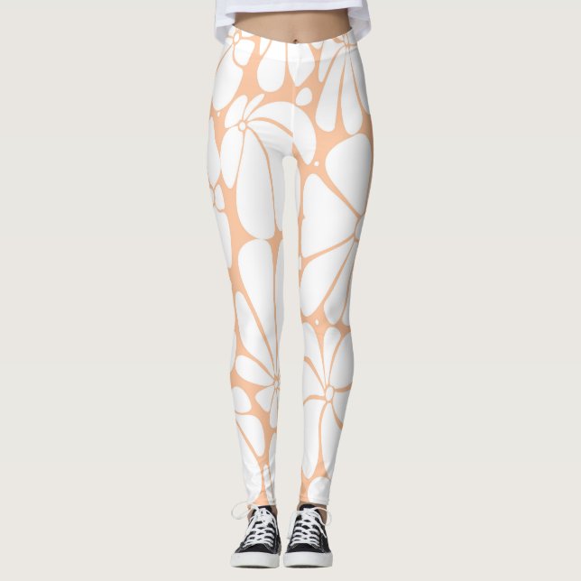 Peach Fuzz Retro 70s White Flower Graphic Design Leggings (Front)