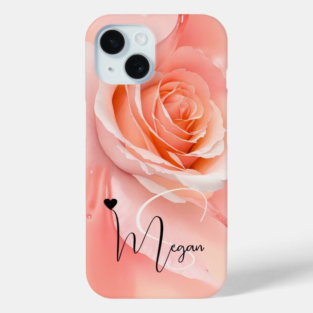 Peach Fuzz Rose Background Monogram Name Heart Case-Mate iPhone Case (Back)