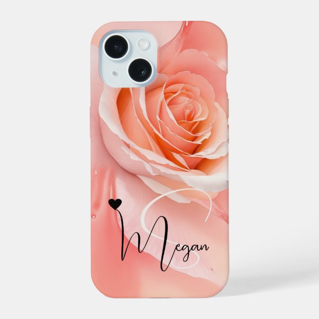 Peach Fuzz Rose Background Monogram Name Heart iPhone 15 Case (Back)