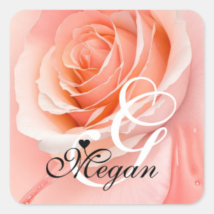 Peach Fuzz Rose Background Monogram Name Heart Square Sticker