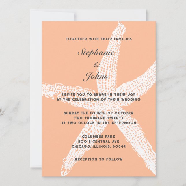 Peach Fuzz Starfish White Tropical Beach Wedding Invitation (Front)