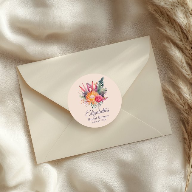 Peach Fuzz Tropical Flowers Bridal Shower Classic Round Sticker (Peach Fuzz Tropical Flowers Bridal Shower Classic Round Sticker on an elegant envelope.)