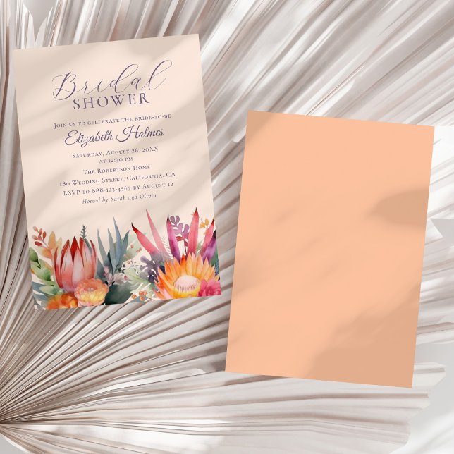 Peach Fuzz Tropical Flowers Bridal Shower  Invitation (Peach Fuzz Tropical Flowers Bridal Shower Invitation on a sunny white dry palm leaf.)