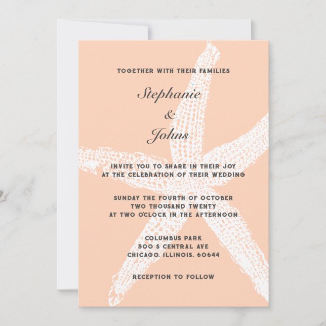 Peach Fuzz Tropical Large Starfish Beach Wedding Invitation (Front)