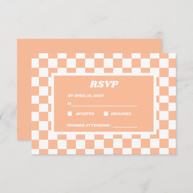Peach Fuzz White Chequered Gingham Pattern RSVP Card (Front/Back)