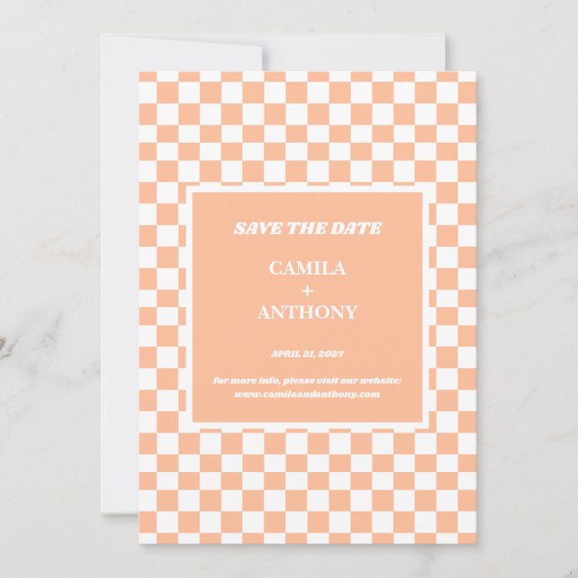 Peach Fuzz White Chequered Gingham Pattern Save The Date (Front)