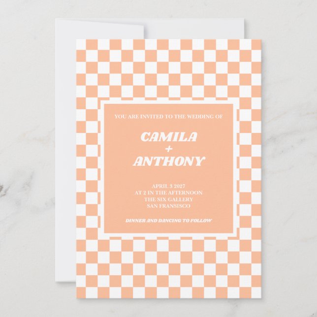 Peach Fuzz White Chequered Gingham Pattern Wedding Invitation (Front)