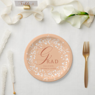 Peach Fuzz White Wildflower Wreath Graduation Paper Plate