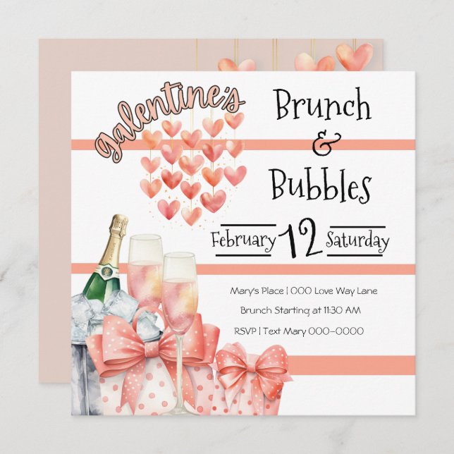 Peach Galentine's Brunch and Bubbles Invitation (Front/Back)
