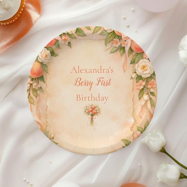 Peach Garden Floral First Birthday 1st Birthday Paper Plate (Creator Uploaded)