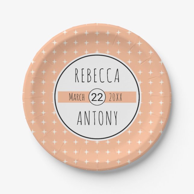 Peach geometric pattern, typography banner wedding paper plate (Front)