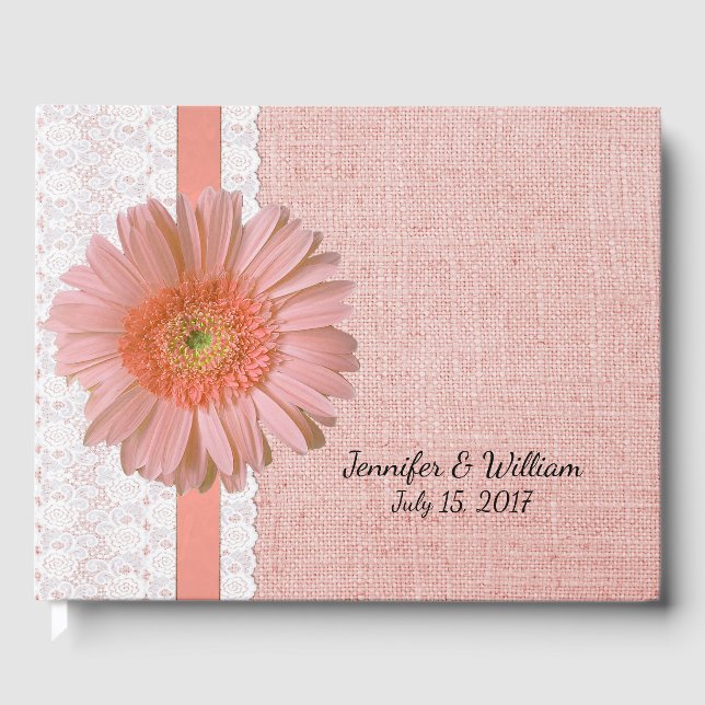 Peach Gerber Daisy Wedding Guest Book (Front)