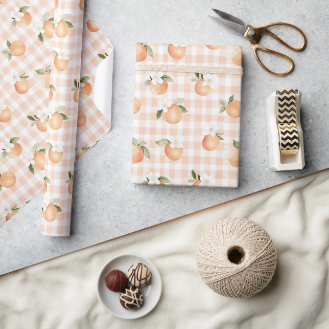 Peach Gingham Baby Shower Gift Wrapping Paper (Crafts)