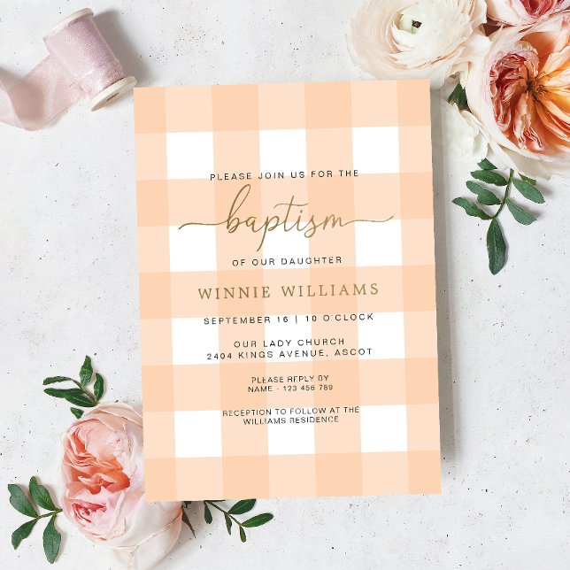 Peach Gingham Baptism Gold Foil Invitation (Creator Uploaded)