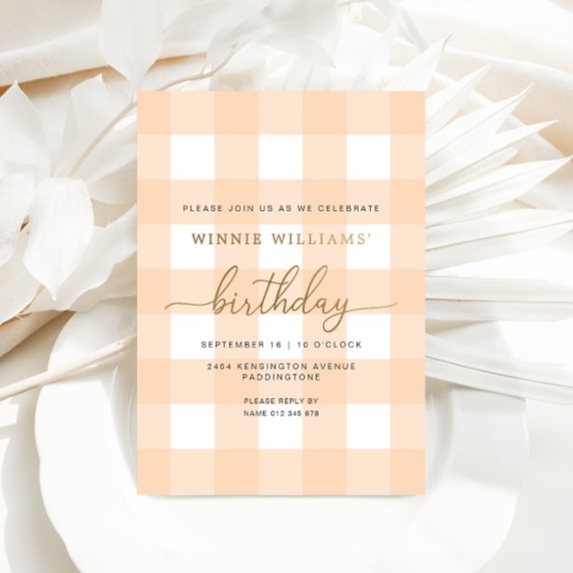 Peach Gingham Birthday Gold Foil Invitation (Birthday Invitation )