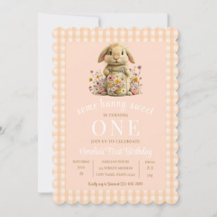 Peach Gingham Bunny 1st Birthday Invite