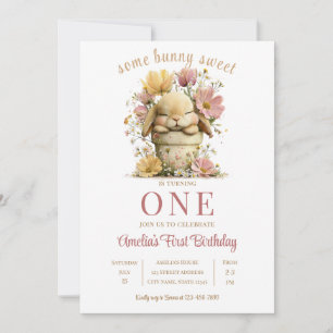 Peach Gingham Bunny 1st Birthday Invite with Scall