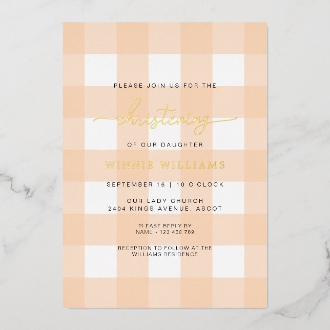 Peach Gingham Christening Foil Invitation (Front)
