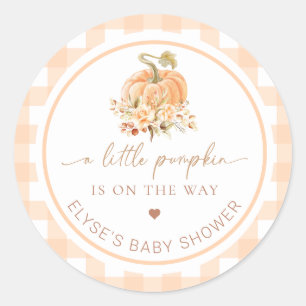 Peach Gingham Fall A Little Pumpkin Is On The Way Classic Round Sticker