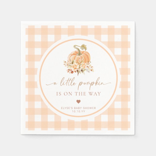 Peach Gingham Fall A Little Pumpkin Is On The Way Napkin (Front)