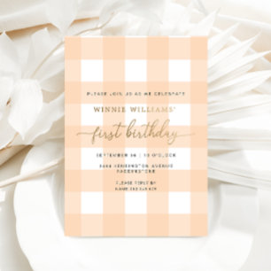 Peach Gingham First Birthday Gold Foil Invitation