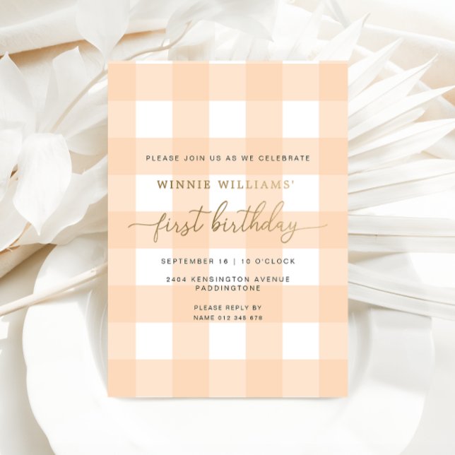Peach Gingham First Birthday Gold Foil Invitation (Creator Uploaded)