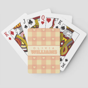 Peach Gingham Heart Pattern, Cute Kawaii Checkered Playing Cards