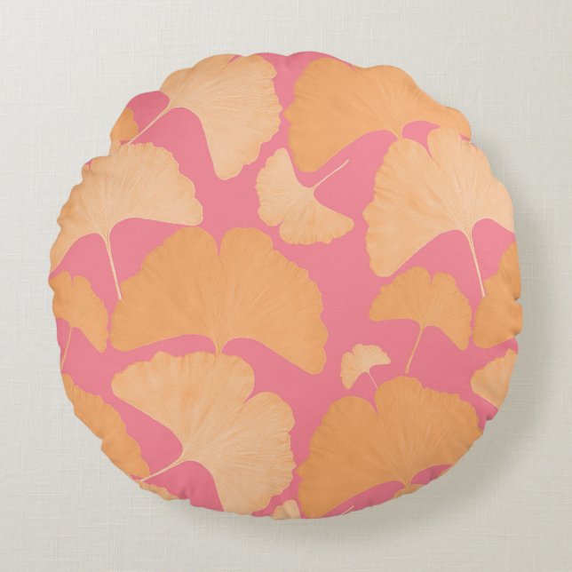 Peach Ginkgo Botanical Dream 1 Round Cushion (Front)
