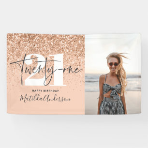 Peach girly modern glitter chic 21 birthday decor banner