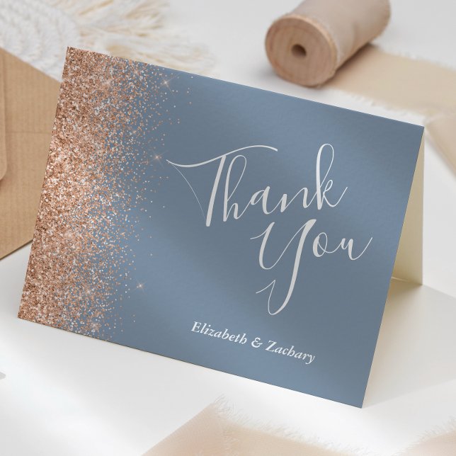 Peach Glitter Dusty Blue Wedding Thank You Card (Creator Uploaded)