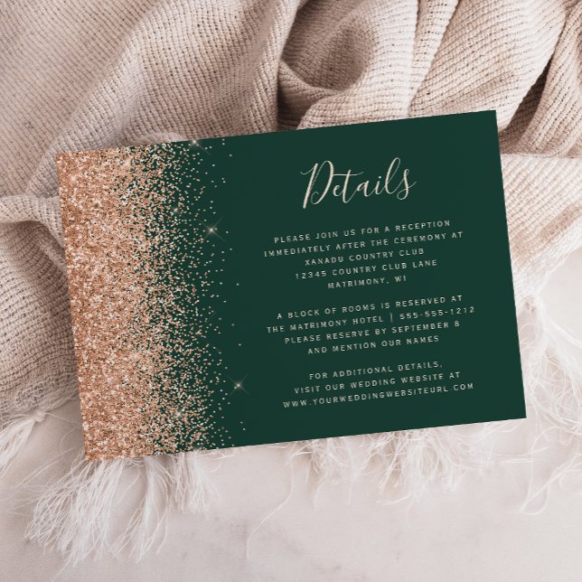 Peach Glitter Emerald Green Wedding Details Enclosure Card (Creator Uploaded)