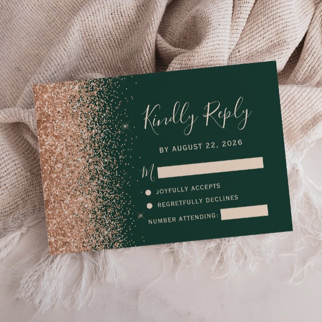 Peach Glitter Emerald Green Wedding RSVP Card (Creator Uploaded)