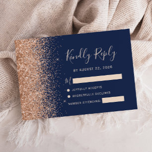 Peach Glitter Navy Blue Wedding RSVP Card