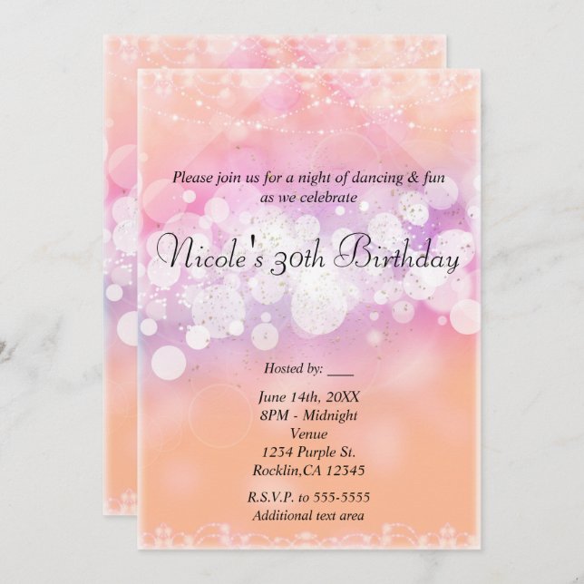 Peach Glow Sparkle Lights Glam Birthday Party Invitation (Front/Back)