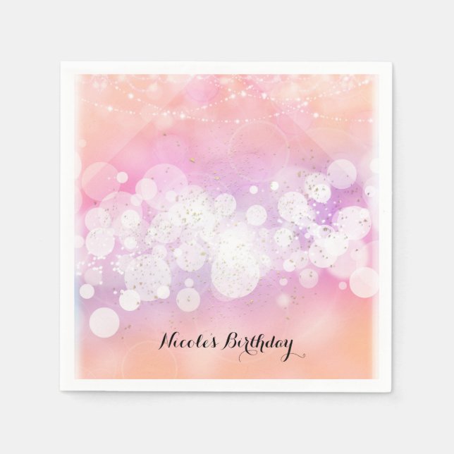 Peach Glow Sparkle Lights Glam Birthday Party Napkin (Front)