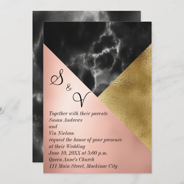 Peach Gold and Black Marble Geometric Invitation (Front/Back)