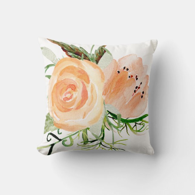 Peach gold and blush watercolor peony roses cushion (Front)