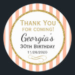 Peach Gold Birthday Thank You Coming Favour Tags<br><div class="desc">Elegant birthday stickers featuring light blue and white stripes with sophisticated gold glitter accent frame. These fashionable and stylish birthday stickers will be a hit for any birthday party decor and as favour tags. Great for 21st 30th 35th 40th 45th 50th 55th 60th 65th 70th 75th 80th 85th 90th 95th,...</div>