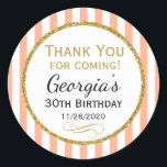 Peach Gold Birthday Thank You Coming Favour Tags<br><div class="desc">Elegant birthday stickers featuring light blue and white stripes with sophisticated gold glitter accent frame. These fashionable and stylish birthday stickers will be a hit for any birthday party decor and as favour tags. Great for 21st 30th 35th 40th 45th 50th 55th 60th 65th 70th 75th 80th 85th 90th 95th,...</div>