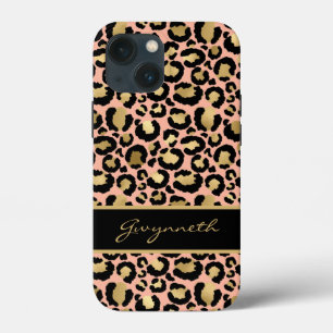 Peach Gold Black Leopard Print with Your Name iPhone 13 Mini Case