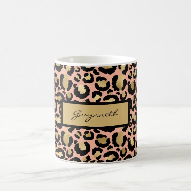 Peach Gold Black Leopard Print with Your Name Coffee Mug (Center)
