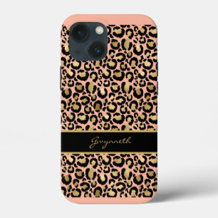 Peach Gold Black Leopard Print with Your Name iPhone 13 Mini Case