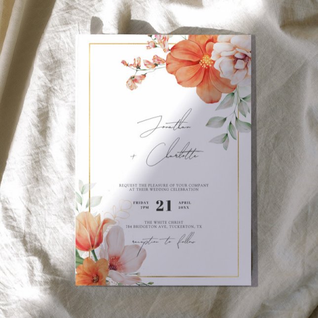 Peach & Gold Border Floral Wedding Invitation (Creator Uploaded)