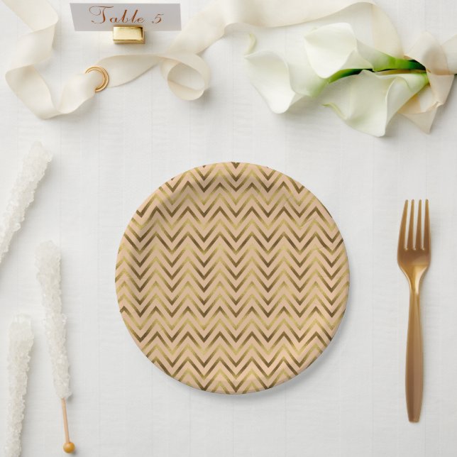 Peach & Gold Chevron Stripes Paper Plate (Wedding)