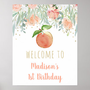 Peach Gold Floral Birthday Welcome Poster