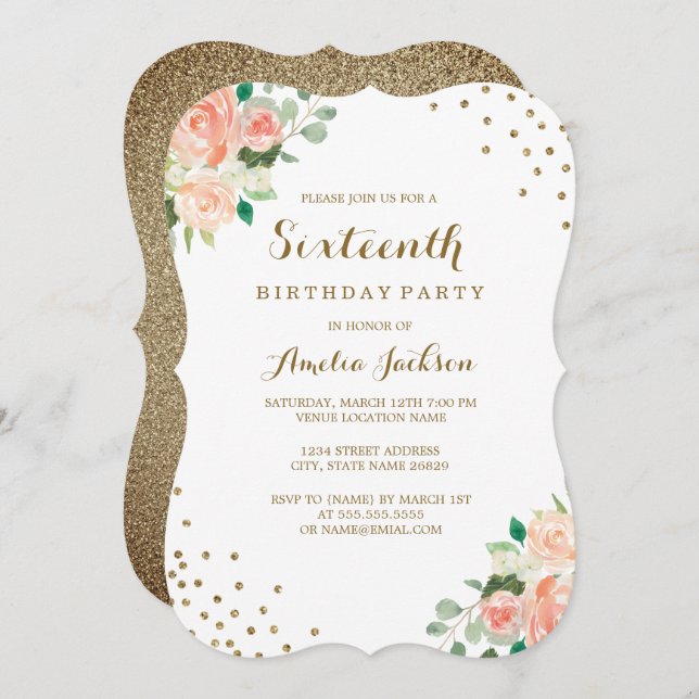 Peach Gold Floral Confetti 16th Birthday Party Invitation (Front/Back)